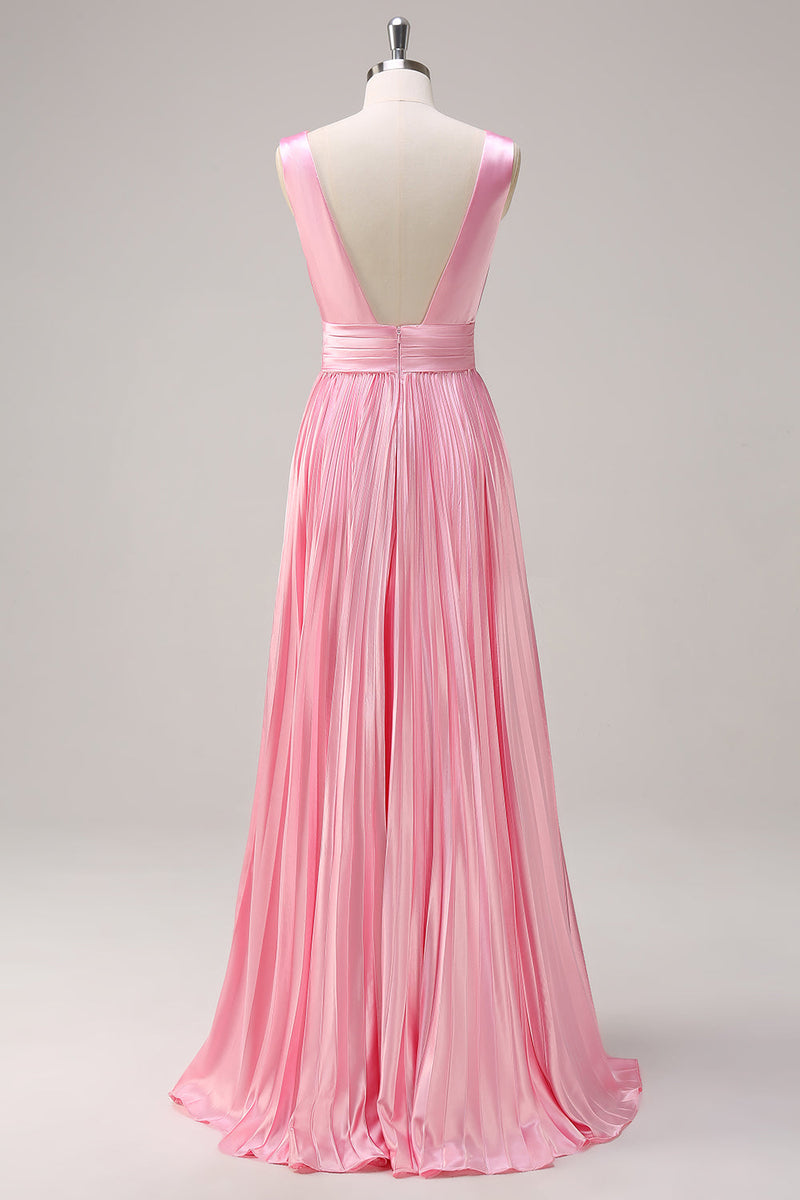 Load image into Gallery viewer, Pink A Line V Neck Chiffon Open Back Pleated Long Bridesmaid Dress