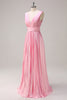 Load image into Gallery viewer, Pink A Line V Neck Chiffon Open Back Pleated Long Bridesmaid Dress