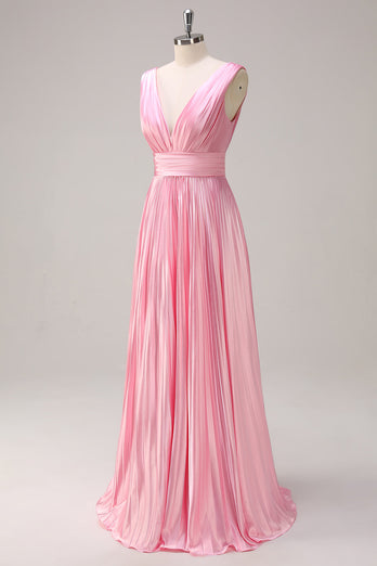 Pink A Line V Neck Chiffon Open Back Pleated Long Bridesmaid Dress