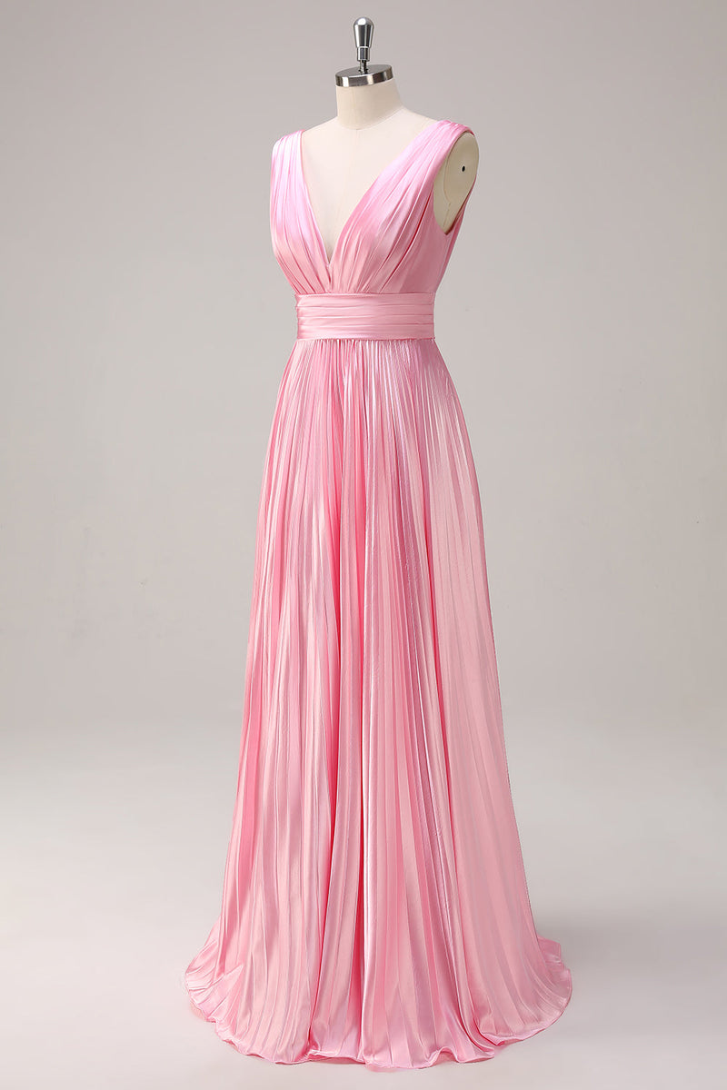 Load image into Gallery viewer, Pink A Line V Neck Chiffon Open Back Pleated Long Bridesmaid Dress