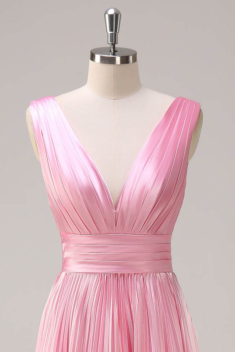 Load image into Gallery viewer, Pink A Line V Neck Chiffon Open Back Pleated Long Bridesmaid Dress