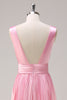 Load image into Gallery viewer, Pink A Line V Neck Chiffon Open Back Pleated Long Bridesmaid Dress