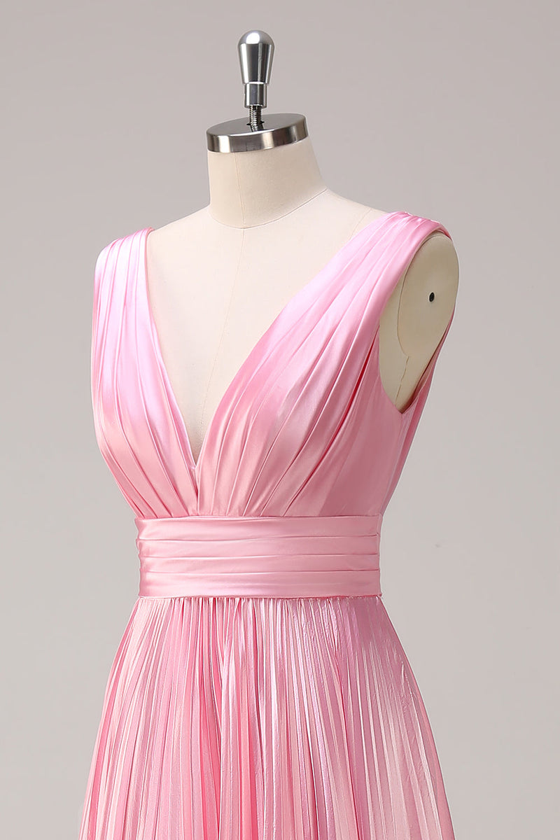 Load image into Gallery viewer, Pink A Line V Neck Chiffon Open Back Pleated Long Bridesmaid Dress