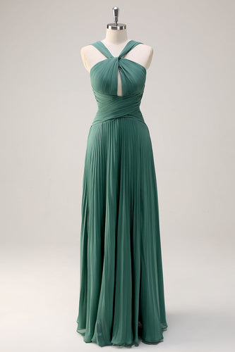 Eucalyptus A Line Halter Neck Chiffon Pleated Long Bridesmaid Dress