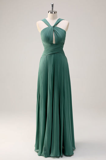 Eucalyptus A Line Halter Neck Chiffon Pleated Long Bridesmaid Dress