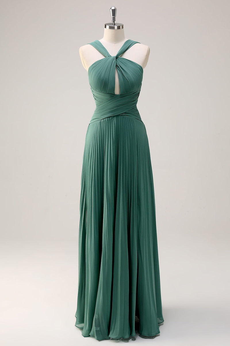 Load image into Gallery viewer, Eucalyptus A Line Halter Neck Chiffon Pleated Long Bridesmaid Dress