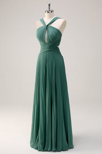 Eucalyptus A Line Halter Neck Chiffon Pleated Long Bridesmaid Dress