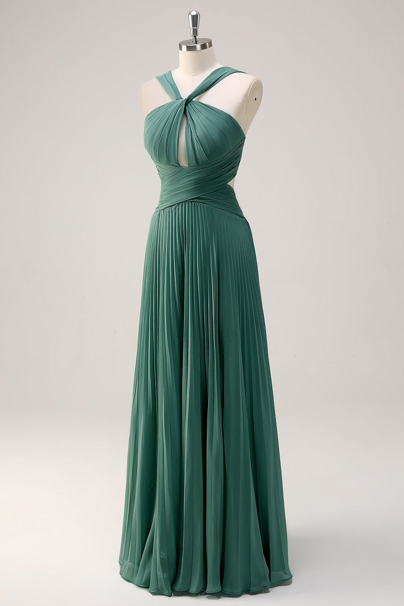 Load image into Gallery viewer, Eucalyptus A Line Halter Neck Chiffon Pleated Long Bridesmaid Dress