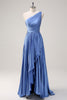 Load image into Gallery viewer, Blue A Line One Shoulder Pleated Long Bridesmaid Dress with Ruffle Slit