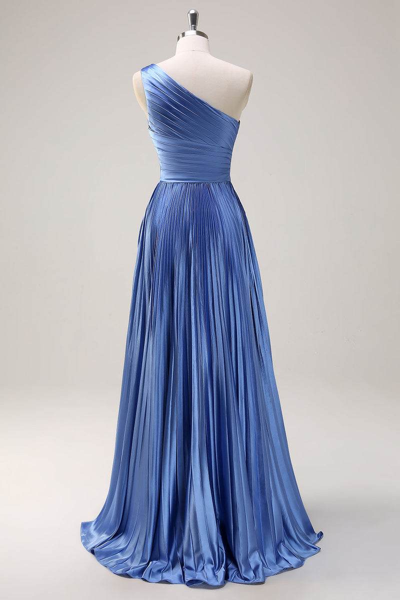 Load image into Gallery viewer, Blue A Line One Shoulder Pleated Long Bridesmaid Dress with Ruffle Slit