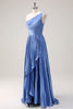 Load image into Gallery viewer, Blue A Line One Shoulder Pleated Long Bridesmaid Dress with Ruffle Slit