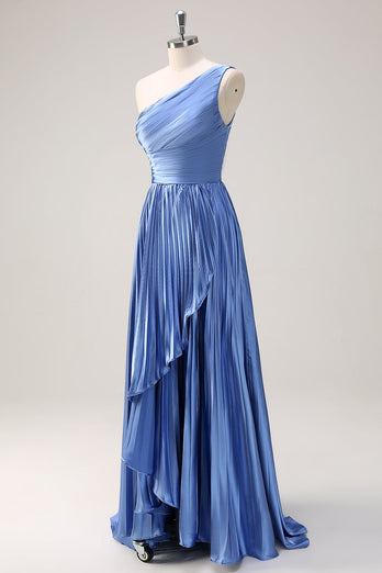 Blue A Line One Shoulder Pleated Long Bridesmaid Dress with Ruffle Slit