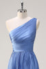 Load image into Gallery viewer, Blue A Line One Shoulder Pleated Long Bridesmaid Dress with Ruffle Slit