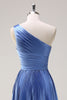 Load image into Gallery viewer, Blue A Line One Shoulder Pleated Long Bridesmaid Dress with Ruffle Slit