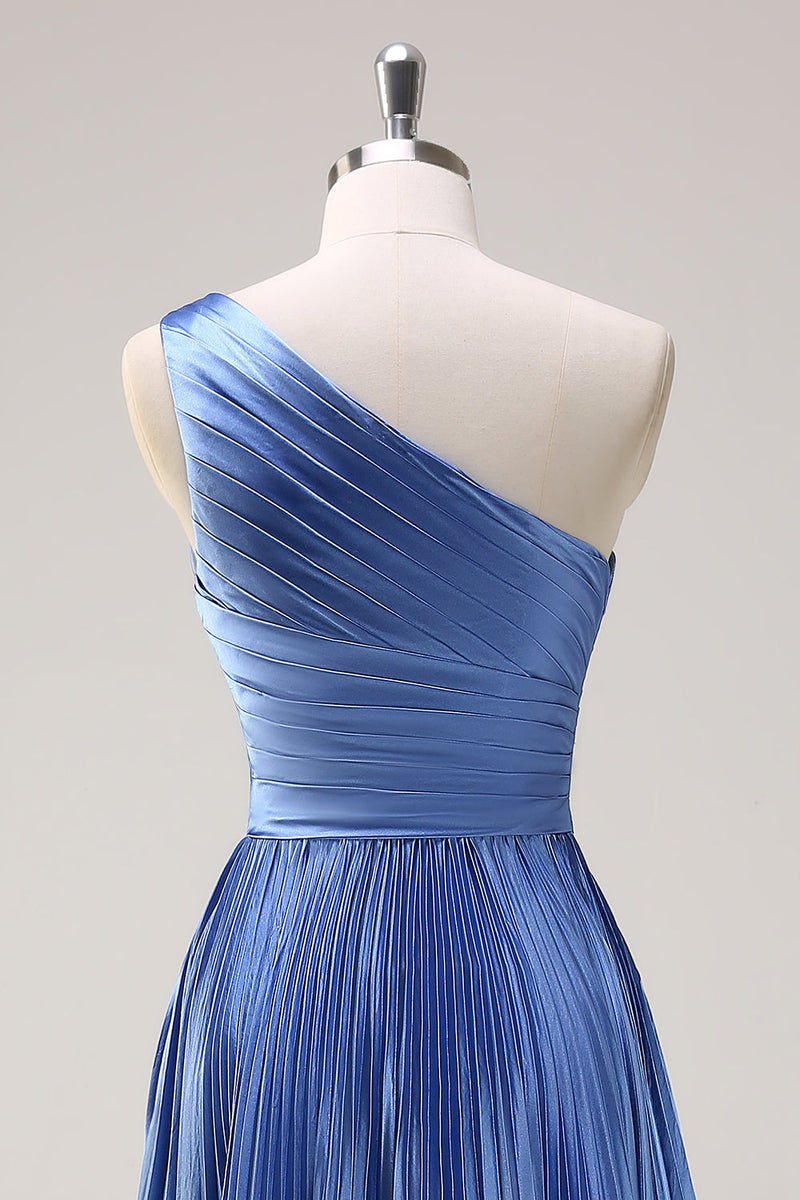 Load image into Gallery viewer, Blue A Line One Shoulder Pleated Long Bridesmaid Dress with Ruffle Slit