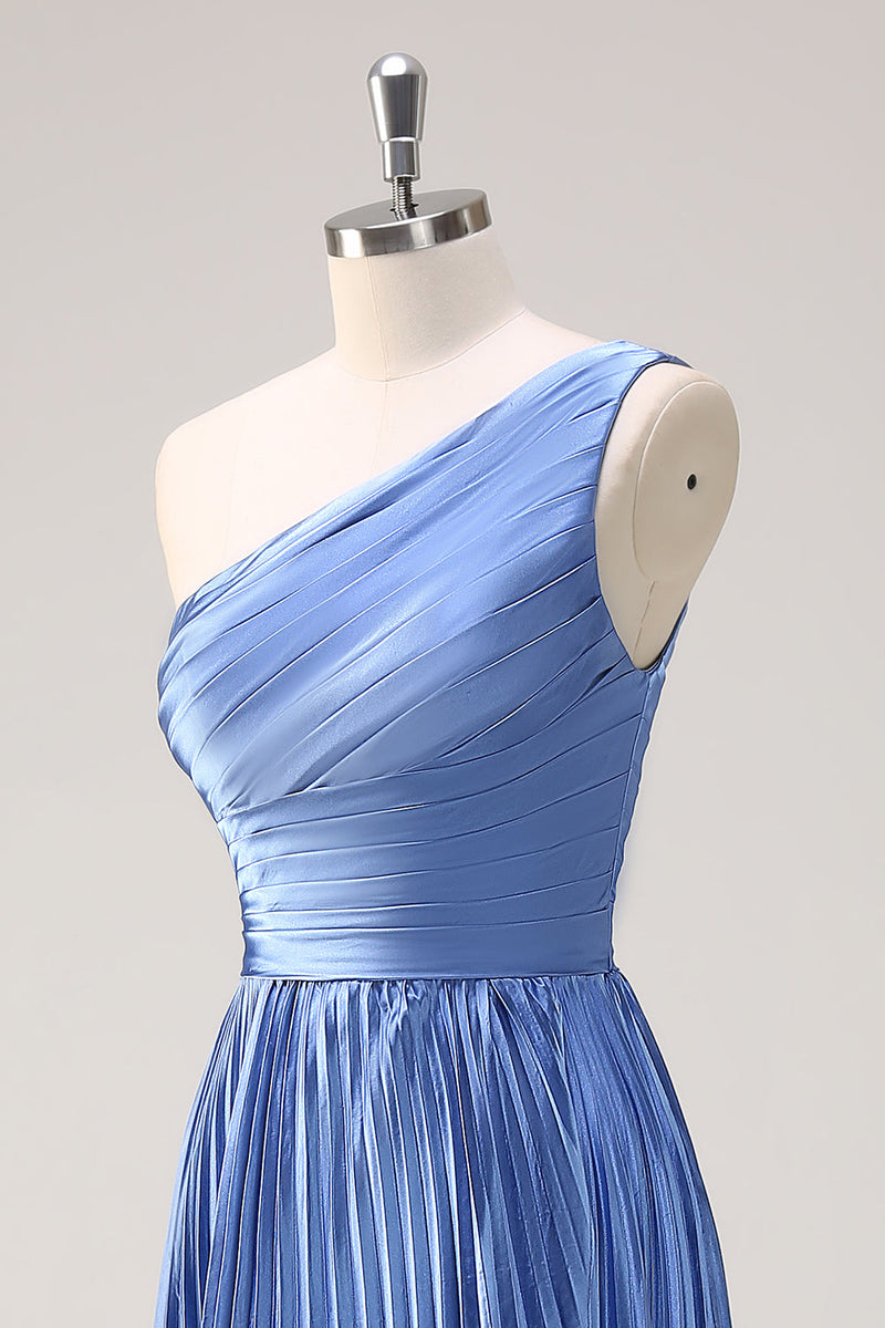 Load image into Gallery viewer, Blue A Line One Shoulder Pleated Long Bridesmaid Dress with Ruffle Slit