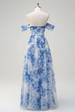 White Blue Flower Off the Shoulder A-Line Prom Dress with Slit