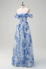 Load image into Gallery viewer, White Blue Flower Off the Shoulder A-Line Bridesmaid Dress with Slit