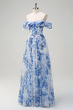 White Blue Flower Off the Shoulder A-Line Prom Dress with Slit