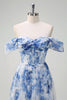 Load image into Gallery viewer, White Blue Flower Off the Shoulder A-Line Bridesmaid Dress with Slit