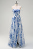 Load image into Gallery viewer, White Blue Flower Off the Shoulder A-Line Bridesmaid Dress with Slit