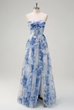 White Blue Flower Off the Shoulder A-Line Prom Dress with Slit