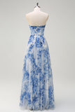 White Blue Flower Off the Shoulder A-Line Prom Dress with Slit