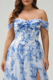 White Blue Flower Off the Shoulder Corset A-Line Plus Size Bridesmaid Dress with Slit