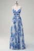 Load image into Gallery viewer, White Blue Flower A-Line Spaghetti Straps Pleated Bridesmaid Dress