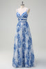 Load image into Gallery viewer, White Blue Flower A-Line Spaghetti Straps Pleated Bridesmaid Dress