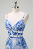 Load image into Gallery viewer, White Blue Flower A-Line Spaghetti Straps Pleated Bridesmaid Dress