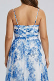 White Blue Flower Spaghetti Straps A-Line Pleated Plus Size Bridesmaid Dress