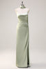 Load image into Gallery viewer, Sage Mermaid Ruched Long Ruched Streamer Satin Bridesmaid Dress with Slit