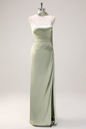 Sage Mermaid Ruched Long Ruched Streamer Satin Bridesmaid Dress with Slit