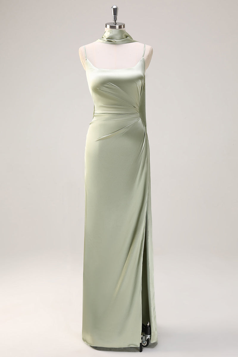 Load image into Gallery viewer, Sage Mermaid Ruched Long Ruched Streamer Satin Bridesmaid Dress with Slit