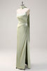 Load image into Gallery viewer, Sage Mermaid Ruched Long Ruched Streamer Satin Bridesmaid Dress with Slit