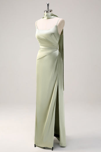 Sage Mermaid Ruched Long Ruched Streamer Satin Bridesmaid Dress with Slit