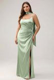 Sage Satin Ruched Sheath Ruched Streamer Long Plus Size Bridesmaid Dress with Slit