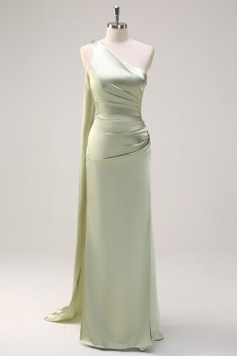 Sage Mermaid One Shoulder Streamer Ruched Satin Long Bridesmaid Dress with Slit