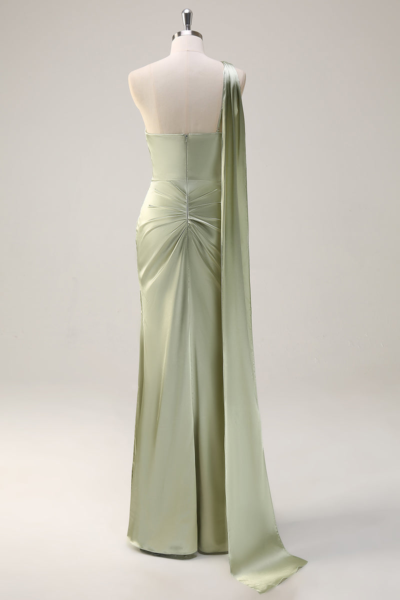 Load image into Gallery viewer, Sage Mermaid One Shoulder Streamer Ruched Satin Long Bridesmaid Dress with Slit