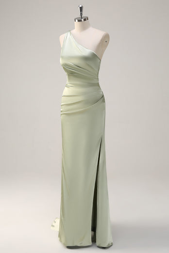 Sage Mermaid One Shoulder Streamer Ruched Satin Long Bridesmaid Dress with Slit