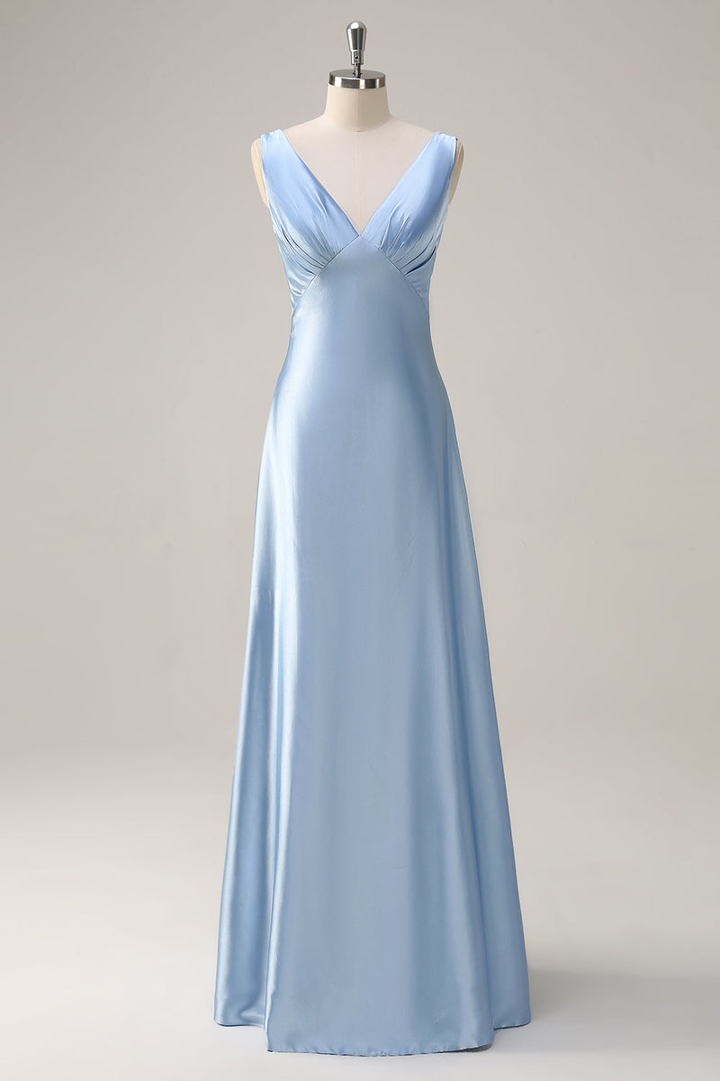 Load image into Gallery viewer, Sky Blue A Line V Neck Open Back Satin Long Bridesmaid Dress