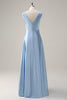 Load image into Gallery viewer, Sky Blue A Line V Neck Open Back Satin Long Bridesmaid Dress