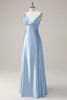 Load image into Gallery viewer, Sky Blue A Line V Neck Open Back Satin Long Bridesmaid Dress