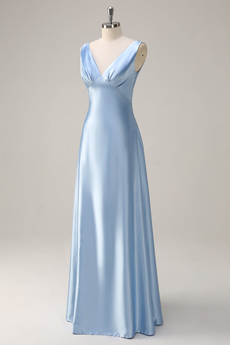 Load image into Gallery viewer, Sky Blue A Line V Neck Open Back Satin Long Bridesmaid Dress