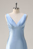 Load image into Gallery viewer, Sky Blue A Line V Neck Open Back Satin Long Bridesmaid Dress