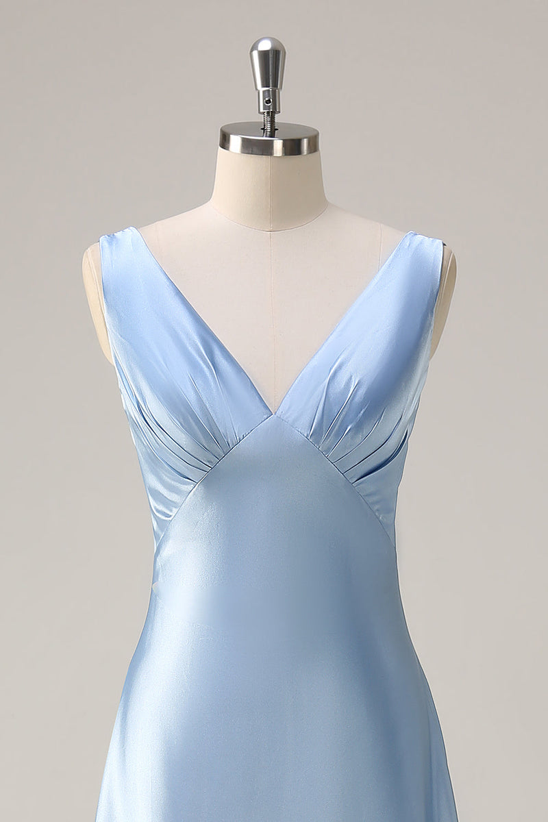 Load image into Gallery viewer, Sky Blue A Line V Neck Open Back Satin Long Bridesmaid Dress