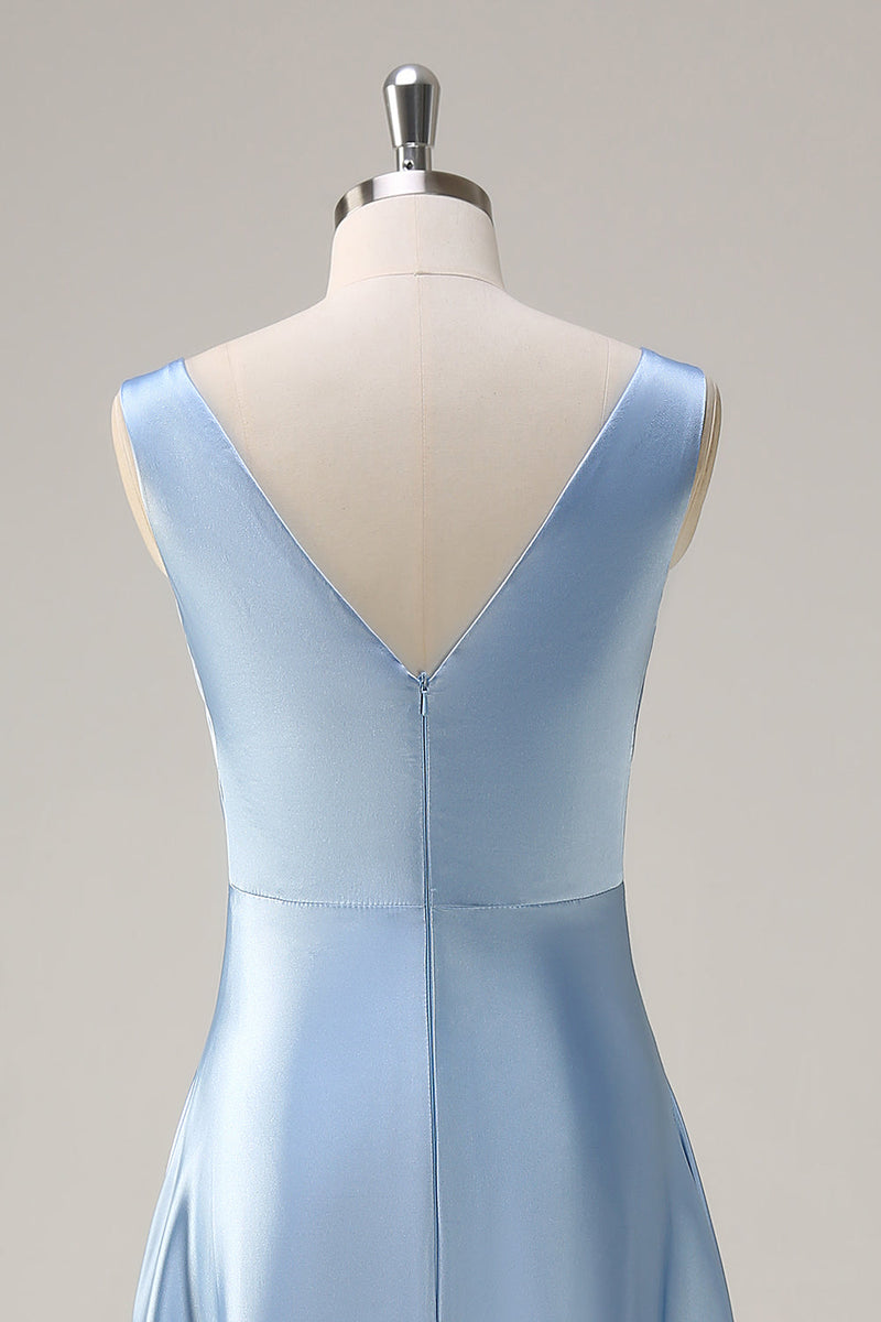 Load image into Gallery viewer, Sky Blue A Line V Neck Open Back Satin Long Bridesmaid Dress