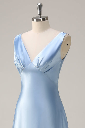 Sky Blue A Line V Neck Open Back Satin Long Bridesmaid Dress