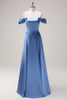 Load image into Gallery viewer, Dusty Blue A Line Off The Shoulder Satin Long Bridesmaid Dress